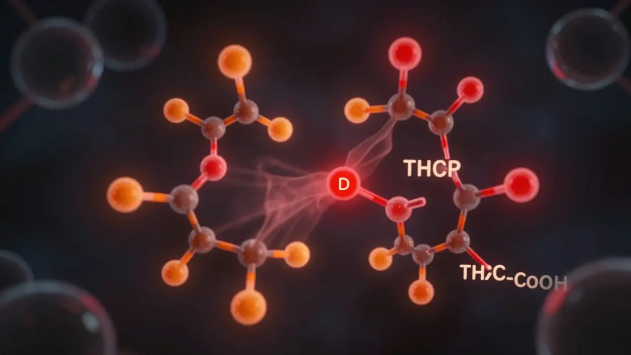 Abstrakte Darstellung von THCP-Molekülen, die in THC-ähnliche Metaboliten zerfallen.