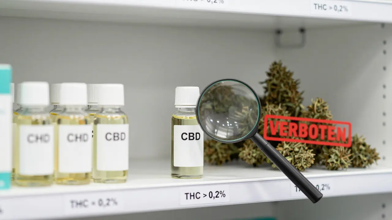 Apothekenregal mit legalen CBD-Produkten und verschwommenen, verbotenen Marihuana-Blüten im Hintergrund.