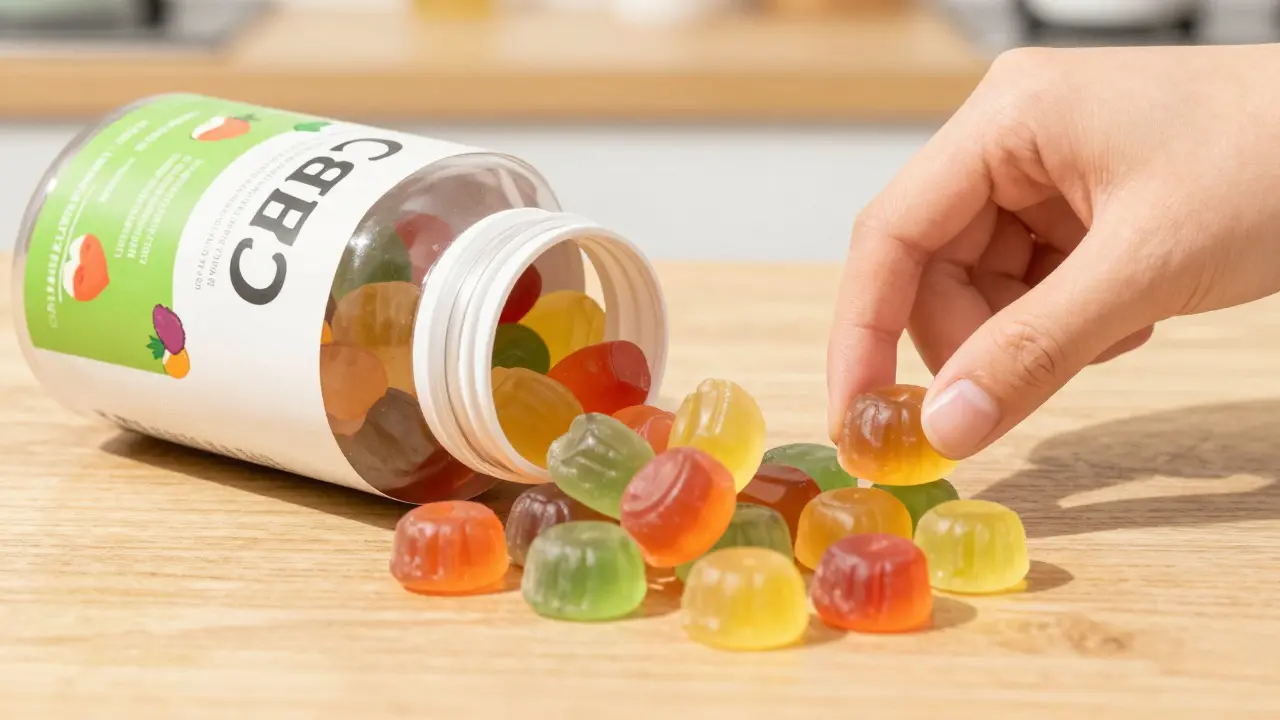 Bunte CBD-Gummibärchen auf einer Tischplatte, eine Hand greift danach