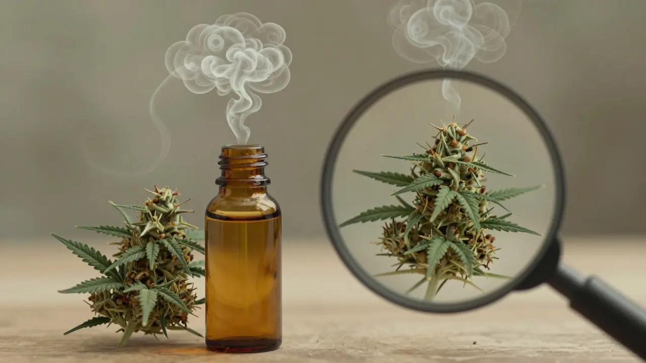 CBD-Öl-Flasche und Hanfpflanze mit ähnlichen Duftwolken — visuell kaum unterscheidbar.