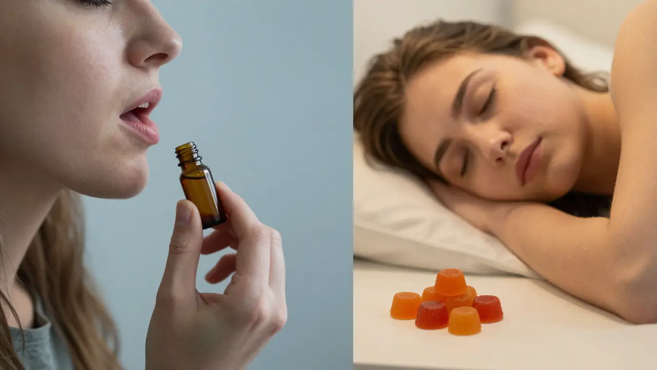 CBD-Öl-Tropfen unter Zunge und Gummibärchen auf Nachttisch nebeneinander