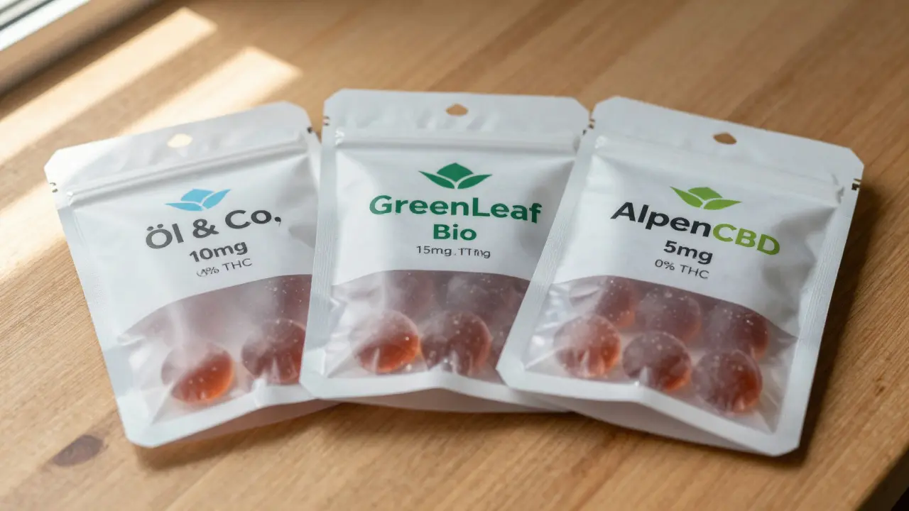 Drei CBD-Gummipackungen mit klaren Dosierungsangaben und '0% THC'-Etikett.