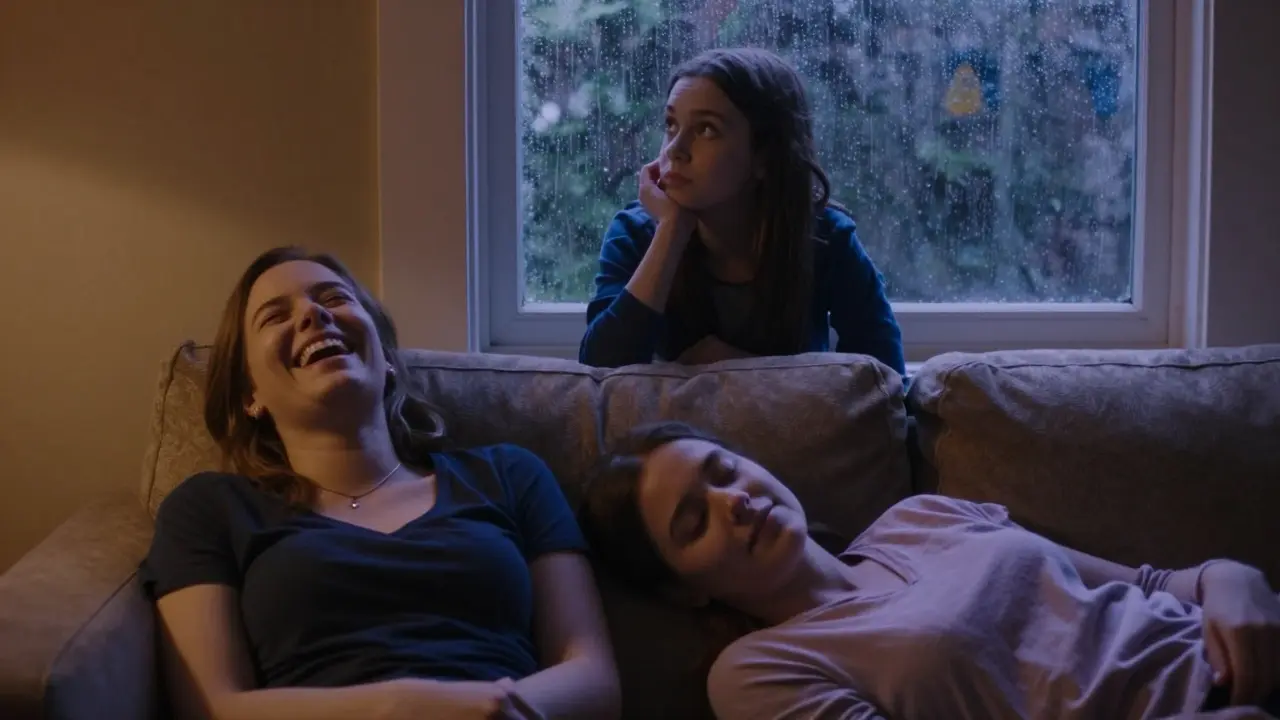 Drei Menschen in unterschiedlichen Stimmungen: lachend, nachdenklich und ruhig — jede Szene mit eigenem Licht und Farbton.