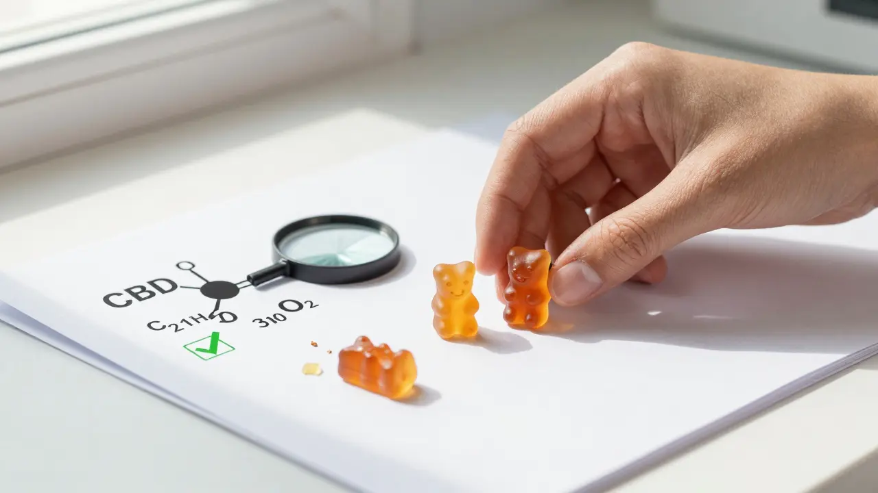 Drei zertifizierte CBD-Gummibärchen neben einem Laborbericht, während ein THCP-Gummibärchen im Schatten zerdrückt liegt.