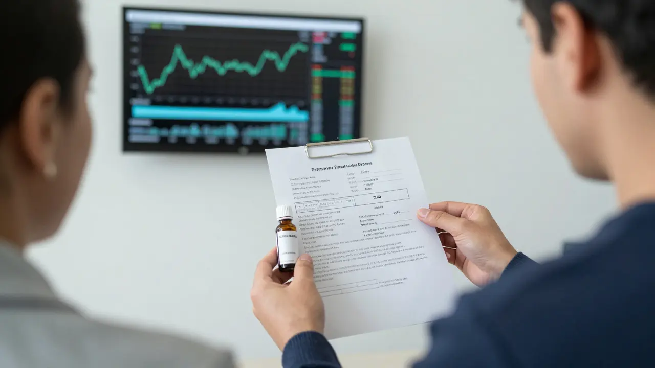 Ein Arzt und ein Patient betrachten eine CBD-Flasche und einen Bluttest, symbolisierend ärztliche Beratung bei Lebergesundheit.