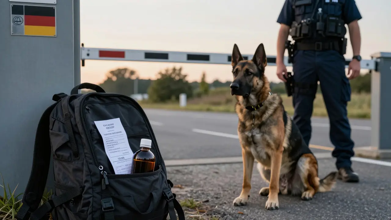 Ein Drogenhund meldet eine CBD-Flasche am Grenzübergang, während der Beamte den Nachweis sucht.
