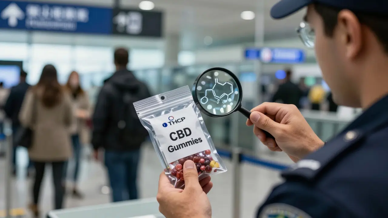 Ein französischer Zollbeamter untersucht ein Paket mit verstecktem THCP, während Reisende im Hintergrund unbeteiligt wirken.