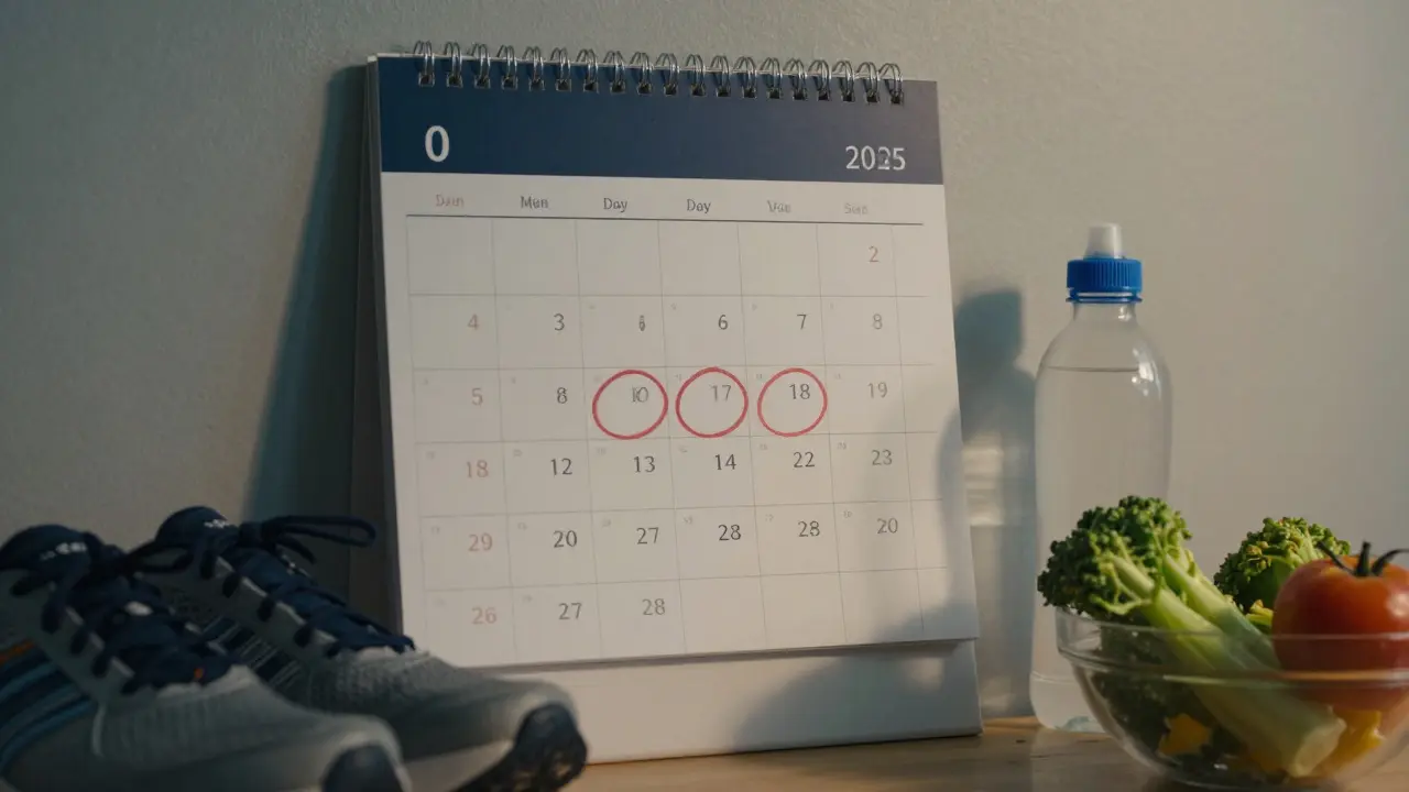 Ein Kalender mit circelten Tagen und gesunde Lebensmittel, symbolisieren die Ausscheidungszeit.