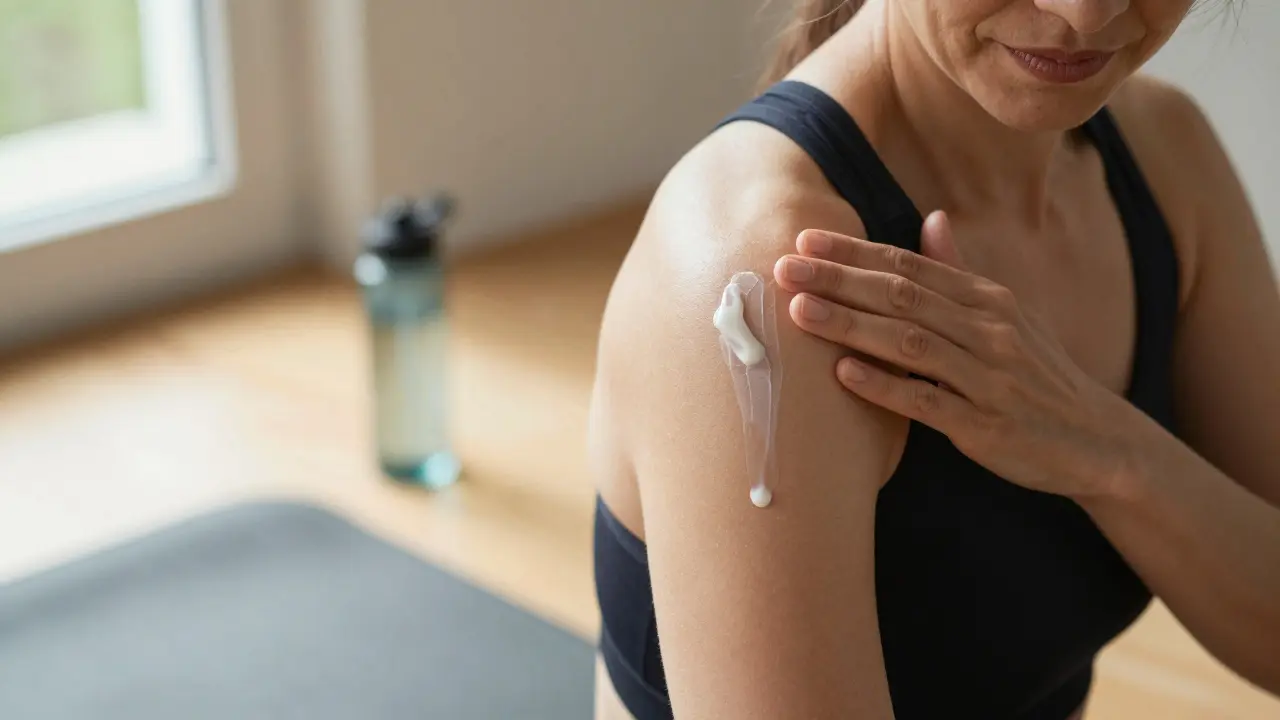 Eine Frau massiert eine CBD-Creme in ihre Schulter nach dem Yoga.