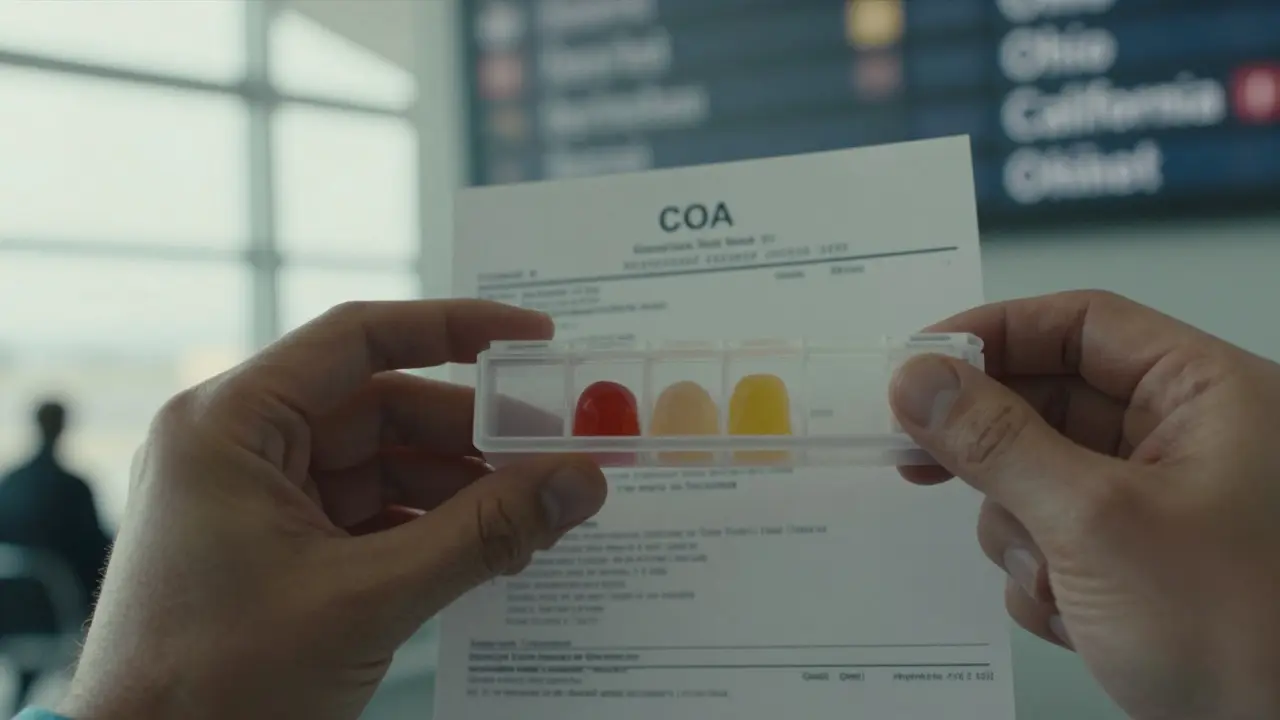 Eine Hand hält eine einfache Pillebox mit Gummis neben einem Laborzertifikat.