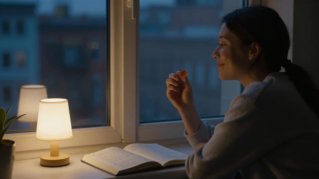 Eine Person sitzt am Fenster und hält ein CBD-Gummibonbon, während sie in die Nacht blickt.
