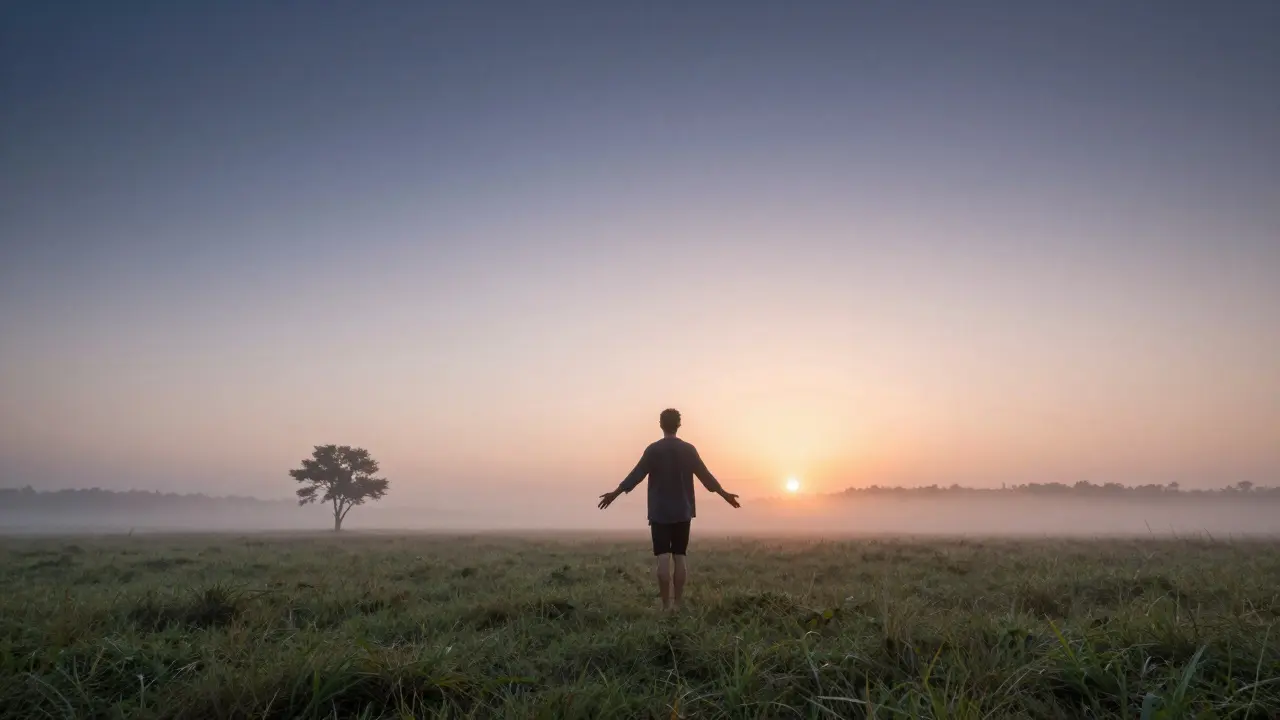 Eine Person steht barfuß in einer morgendlichen Wiese, umgeben von Nebel, im Licht des aufgehenden Sonne.