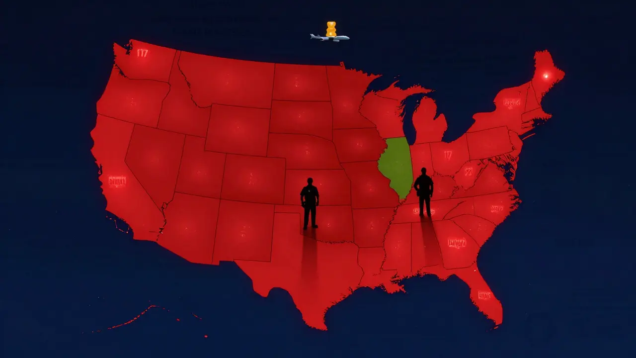 Eine US-Karte zeigt Bundesstaaten mit verbotenem Delta-8 in Rot, ein Flugzeug fliegt von einem legalen in einen verbotenen Zustand.