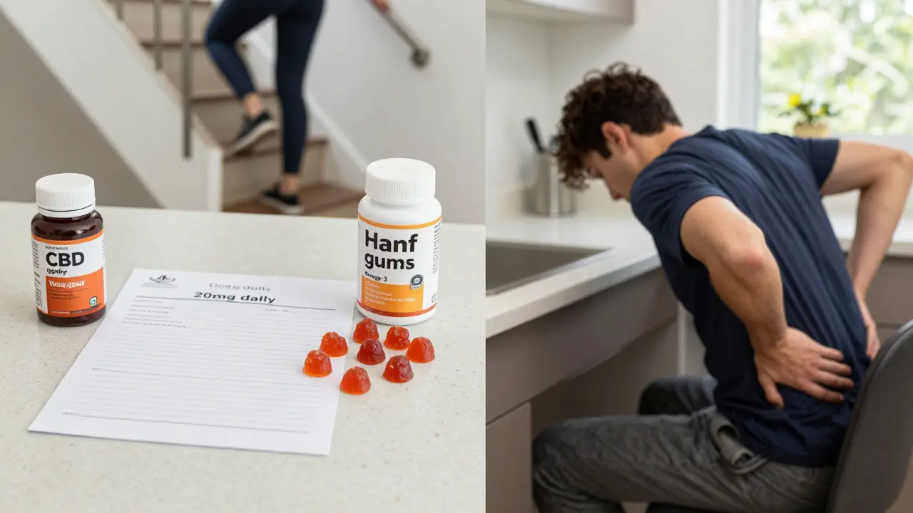 Küchentheke mit CBD-Gummis neben einer aktiven Person und Hanf-Gummis neben einer schmerzgeplagten Person.