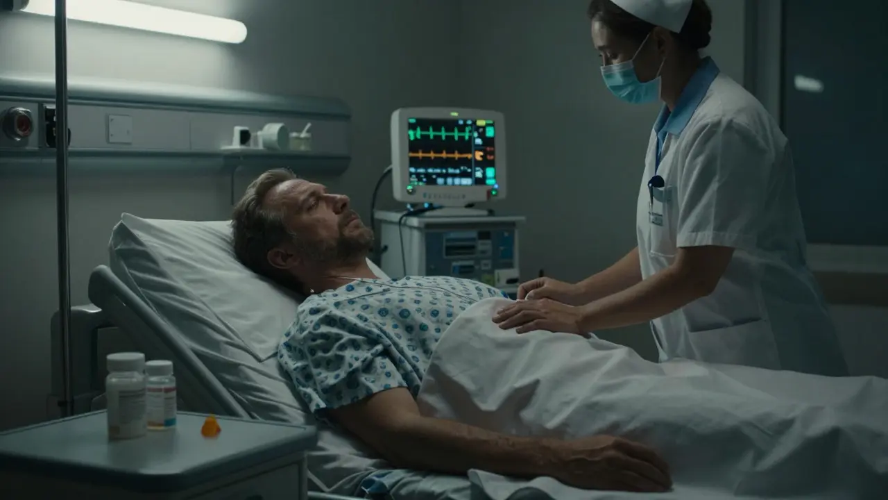 Mann im Krankenhaus mit Herzmonitor, ein Delta-8-Gummibärchen liegt auf dem Nachttisch.