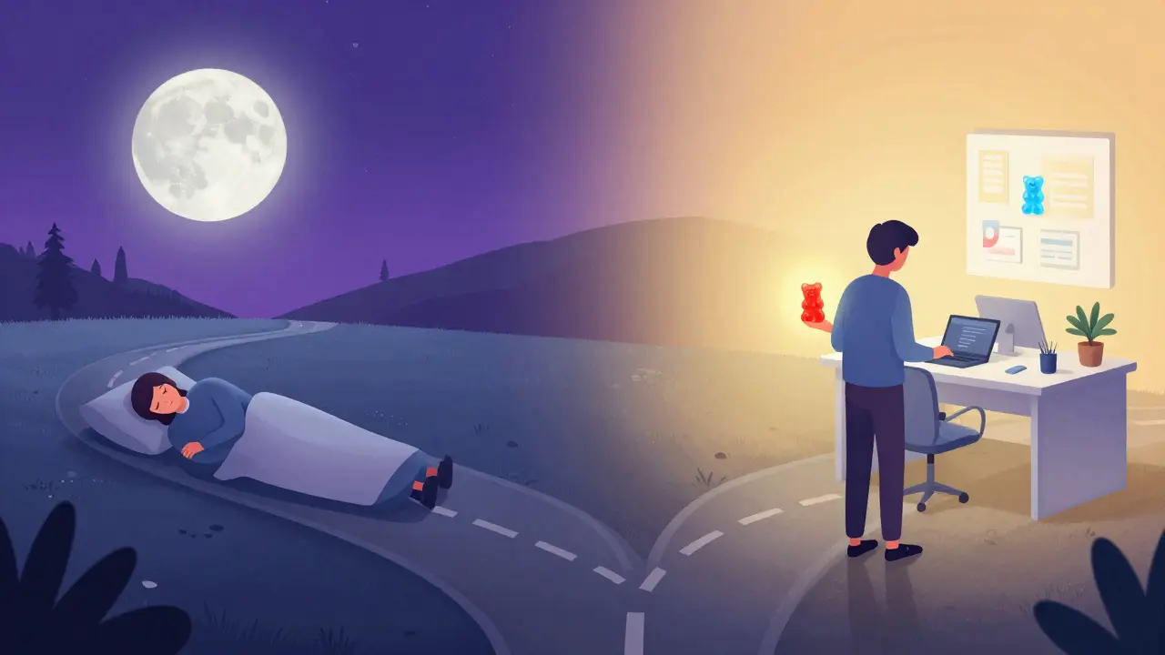 Mensch an Kreuzung mit Pfaden für Schlaf/Schmerzlinderung und Bürofokus.