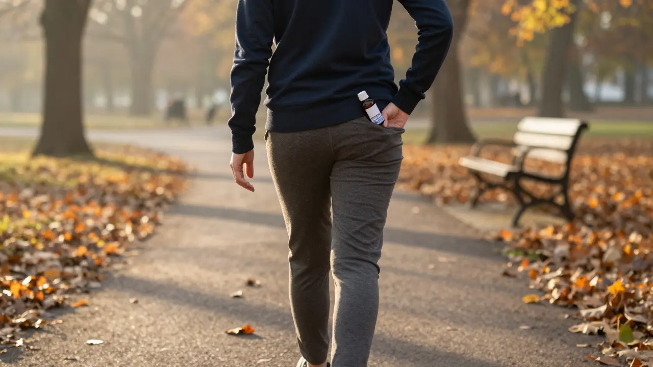 Mensch geht entspannt durch einen herbstlichen Park, CBD-Flasche in der Tasche.