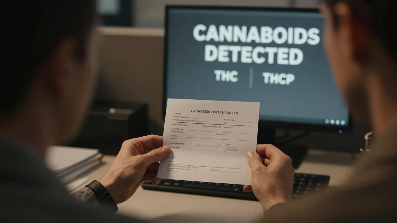 Mensch mit positivem Drogentest in einer Büroumgebung, Monitor zeigt 'CANNABINOIDE ERKANNT'.