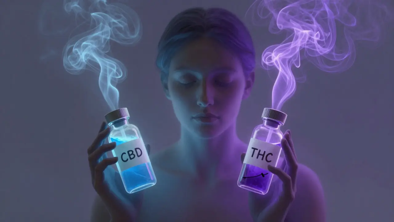 Menschliche Silhouette mit CBD als beruhigendem blauen Nebel und THC als verwirrendem purpurnem Rauch.