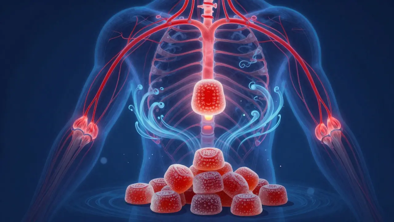 Nervensystem mit energiegeladenen Wellen, die von einer CBD-Gummis ausgehen und Schmerzherde beruhigen.