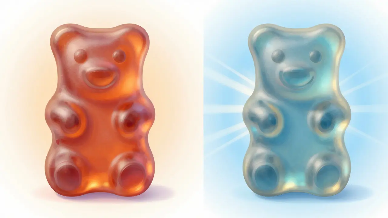 Vergleich: sanfte, klare Wirkung von Delta-8 neben der intensiveren Wirkung von Delta-9, dargestellt als Lichtströme.