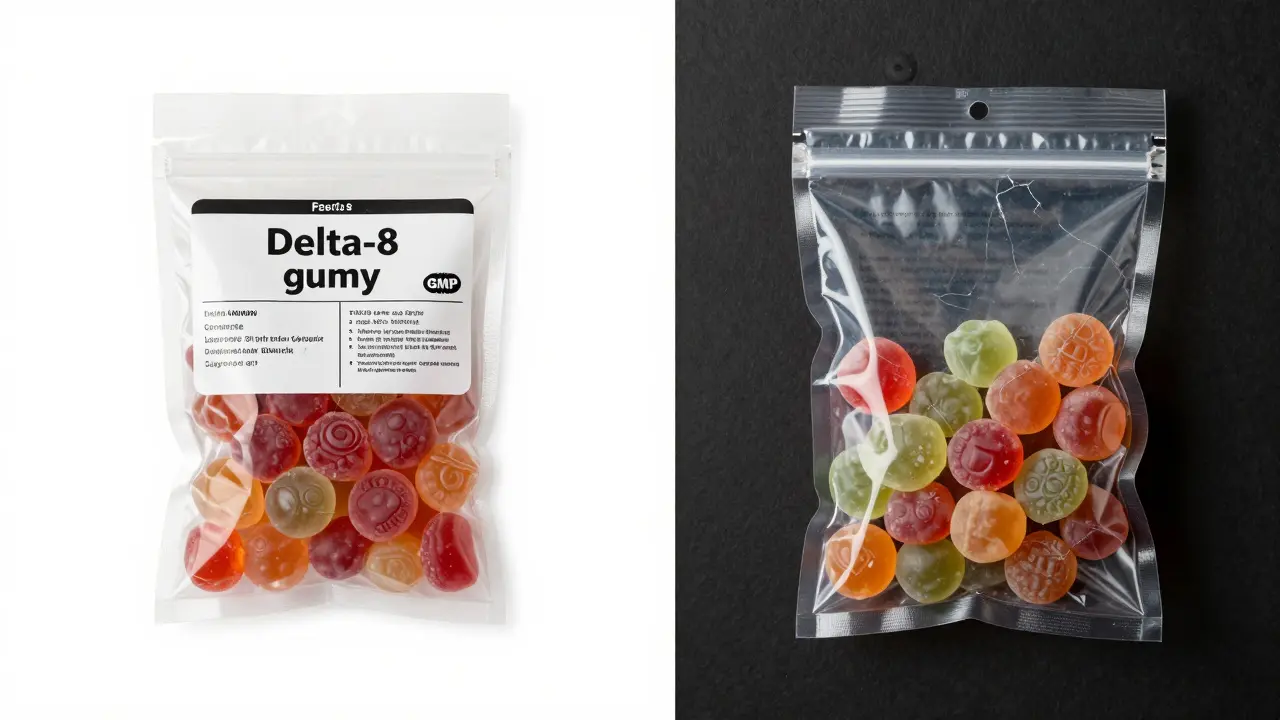 Vergleich: sicheres Delta-8-Produkt mit Zertifikat vs. unmarkierte Gummibärchen.