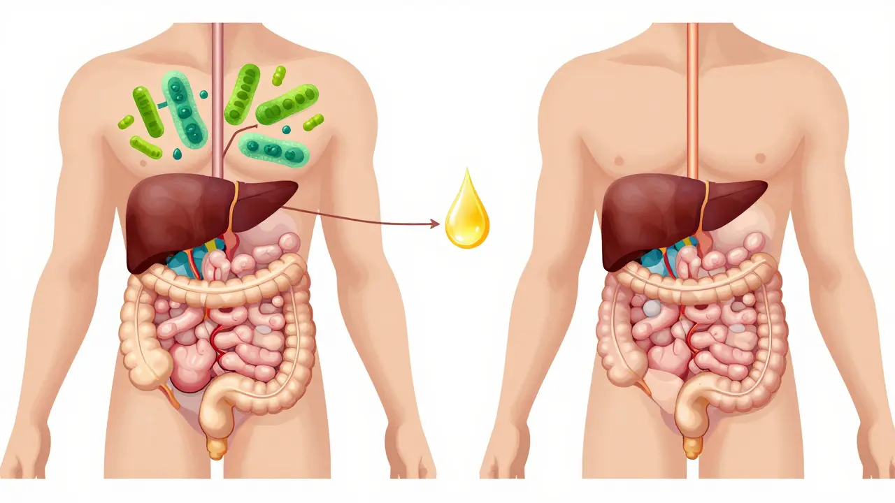 Vergleich zweier Körper: einer mit gesunder Darmflora, die CBD wirksamer macht, und einem mit schwächere Wirkung – wissenschaftliche Darstellung.