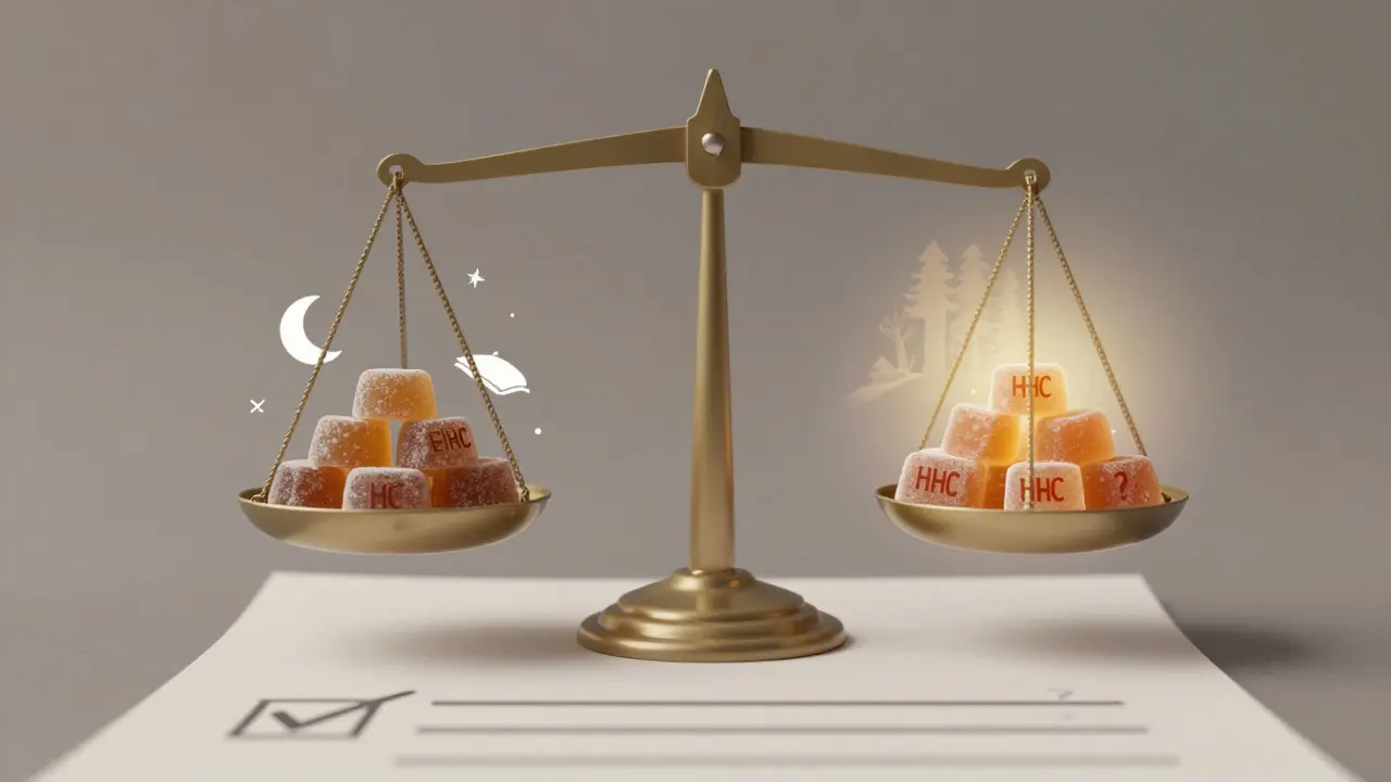 Waage mit CBD- und HHC-Gummis, eine Seite mit Schlafsymbolen, die andere mit sanfter Energie.