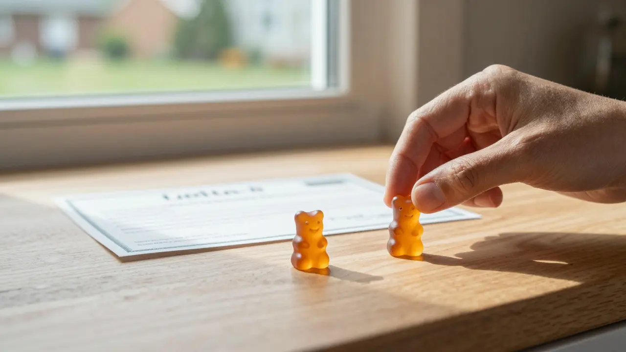 Zwei Delta-8-Gummibärchen auf einer Holzplatte mit einem Zertifikat, Morgenlicht, ruhige Atmosphäre.