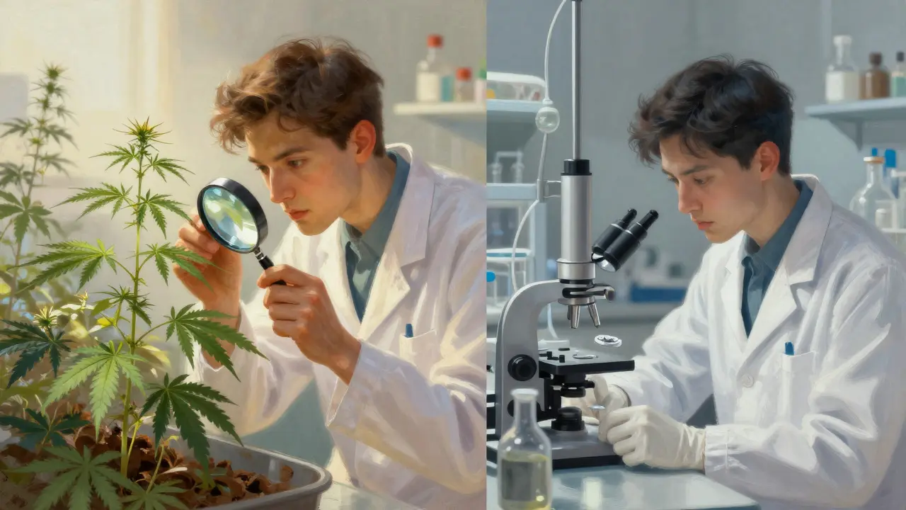 Zwei Labor-Szenen: Hanf-Pflanzen und chemische Synthese in künstlerischer Darstellung.
