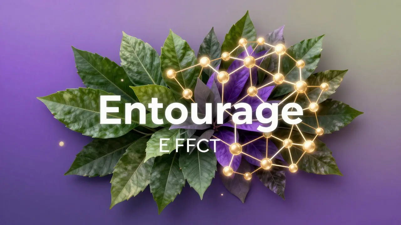 Abstrakte Kunst von Pflanzenblättern und leuchtenden Molekülstrukturen.