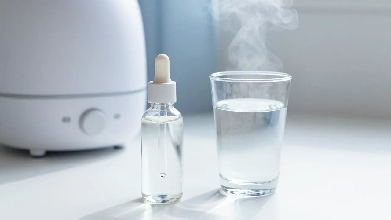 Augentropfen und Wasser zur Linderung von Reizungen