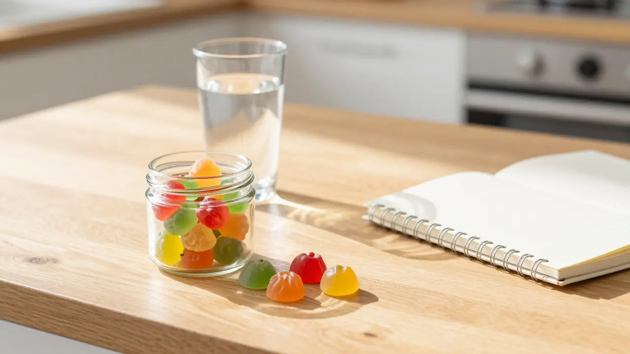CBD Gummibärchen auf einem Frühstückstisch neben einem Wasserglas.