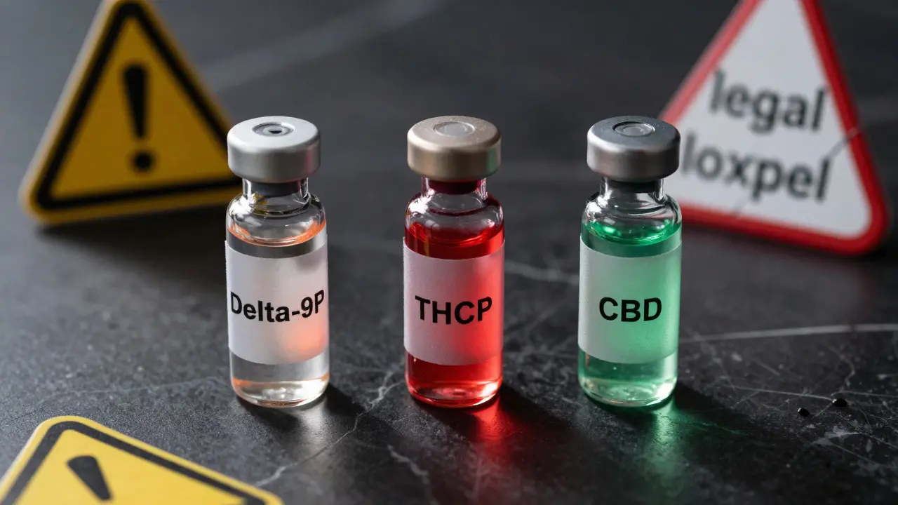 Drei Cannabinoid-Fläschchen mit unterschiedlichen Lichtfarben: Delta-9P, THCP und CBD, neben rechtlichen Warnsymbolen.