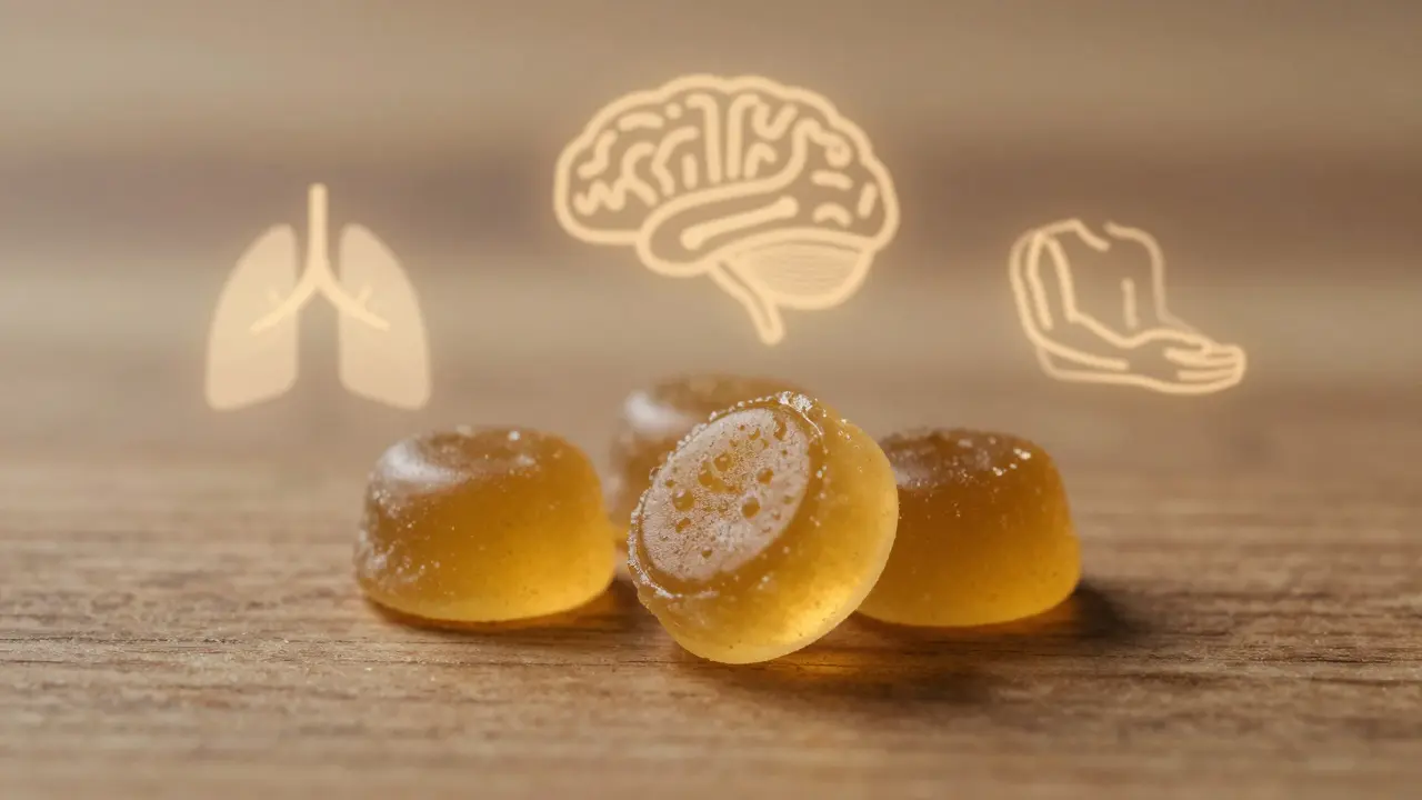 Drei CBD-Gummis auf Holz, goldenes Licht strahlt von ihnen aus, Symbole innerer Ruhe sind leicht sichtbar.