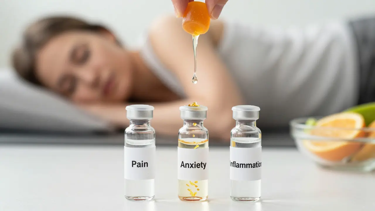 Drei Glasflaschen mit Beschwerden, die durch CBD-Partikel aus einer Gummie neutralisiert werden.