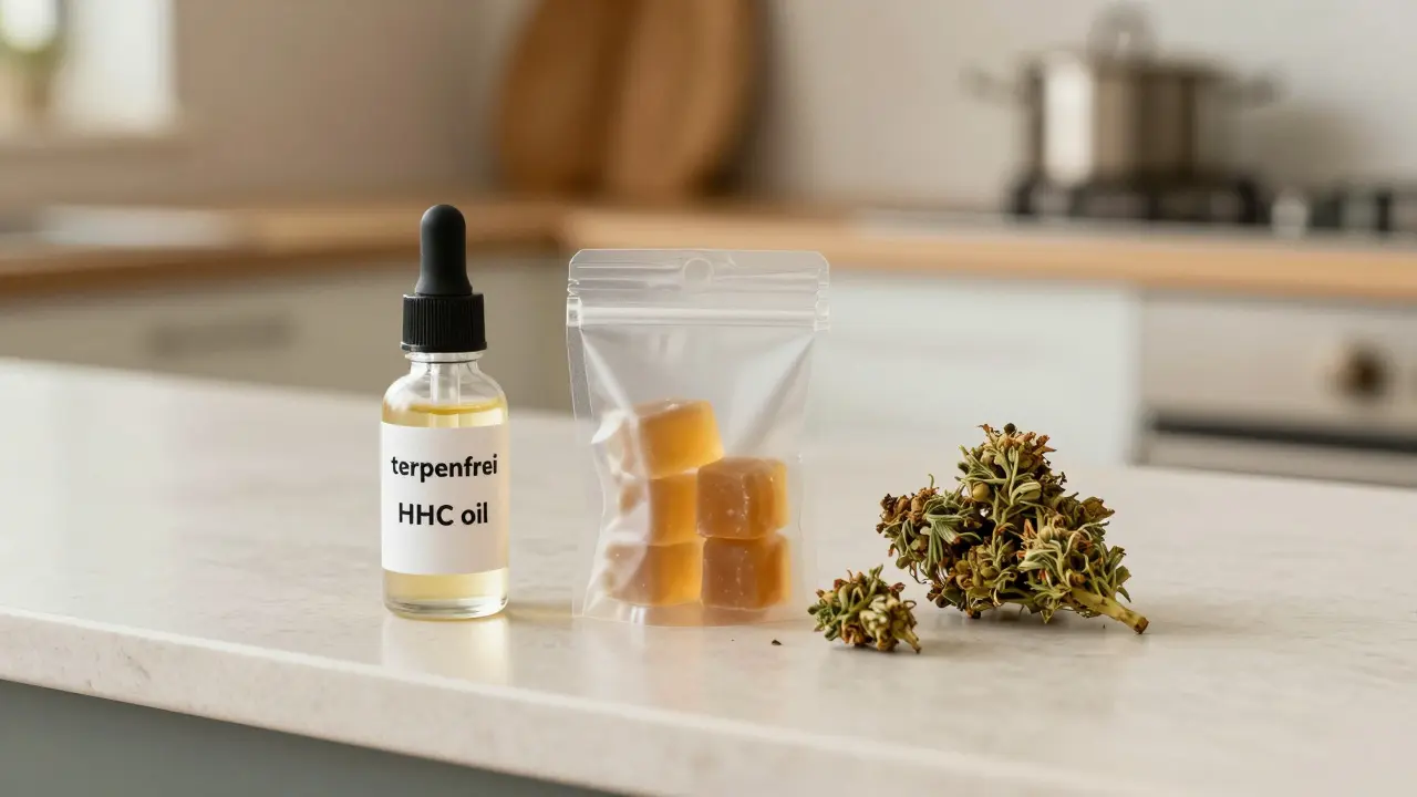 Drei HHC-Produkte auf einer Küchentheke: Öl, Gummis und CBD-Blüten — diskret und geruchlos dargestellt.