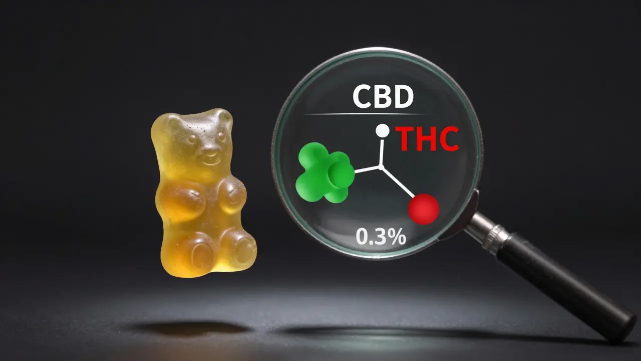 Ein CBD-Gummibärchen mit molekularen Kennzeichen CBD und THC, getrennt durch eine rechtliche Grenze von 0,3 %.
