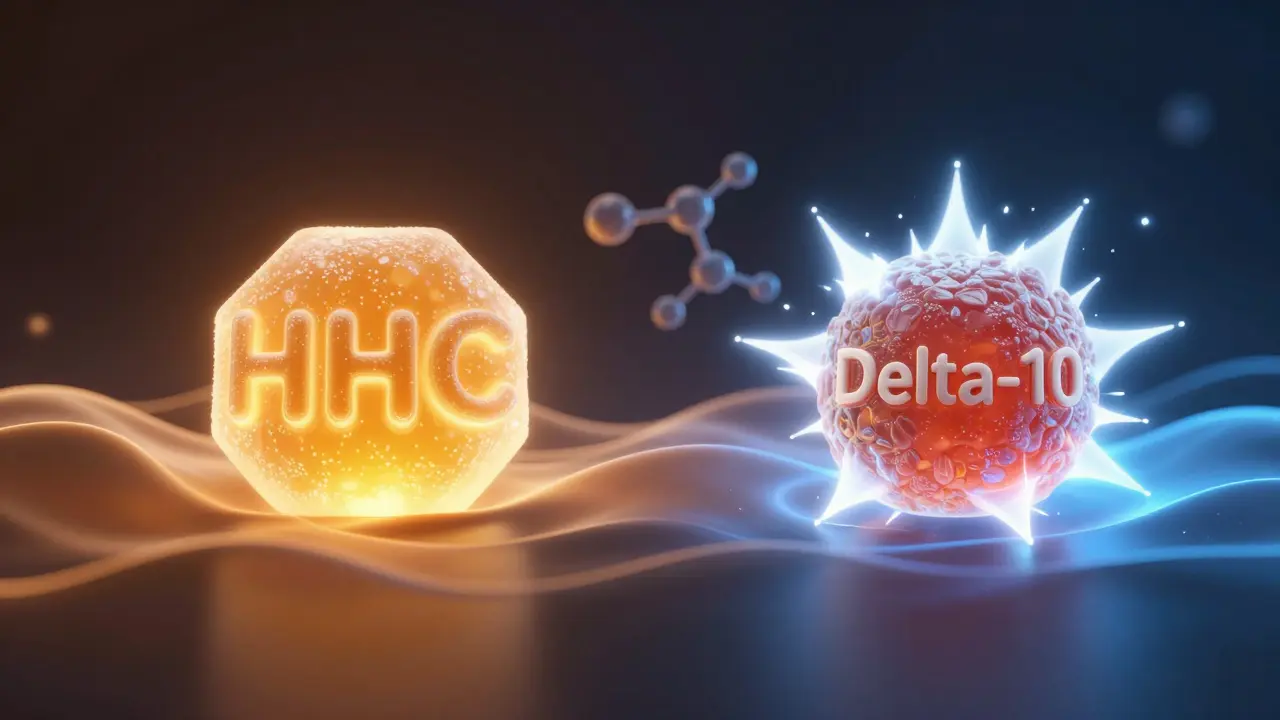 Ein konzeptionelles Bild zeigt HHC und Delta-10 als unterschiedliche Energieformen mit Lichtwellen und Molekülstrukturen.