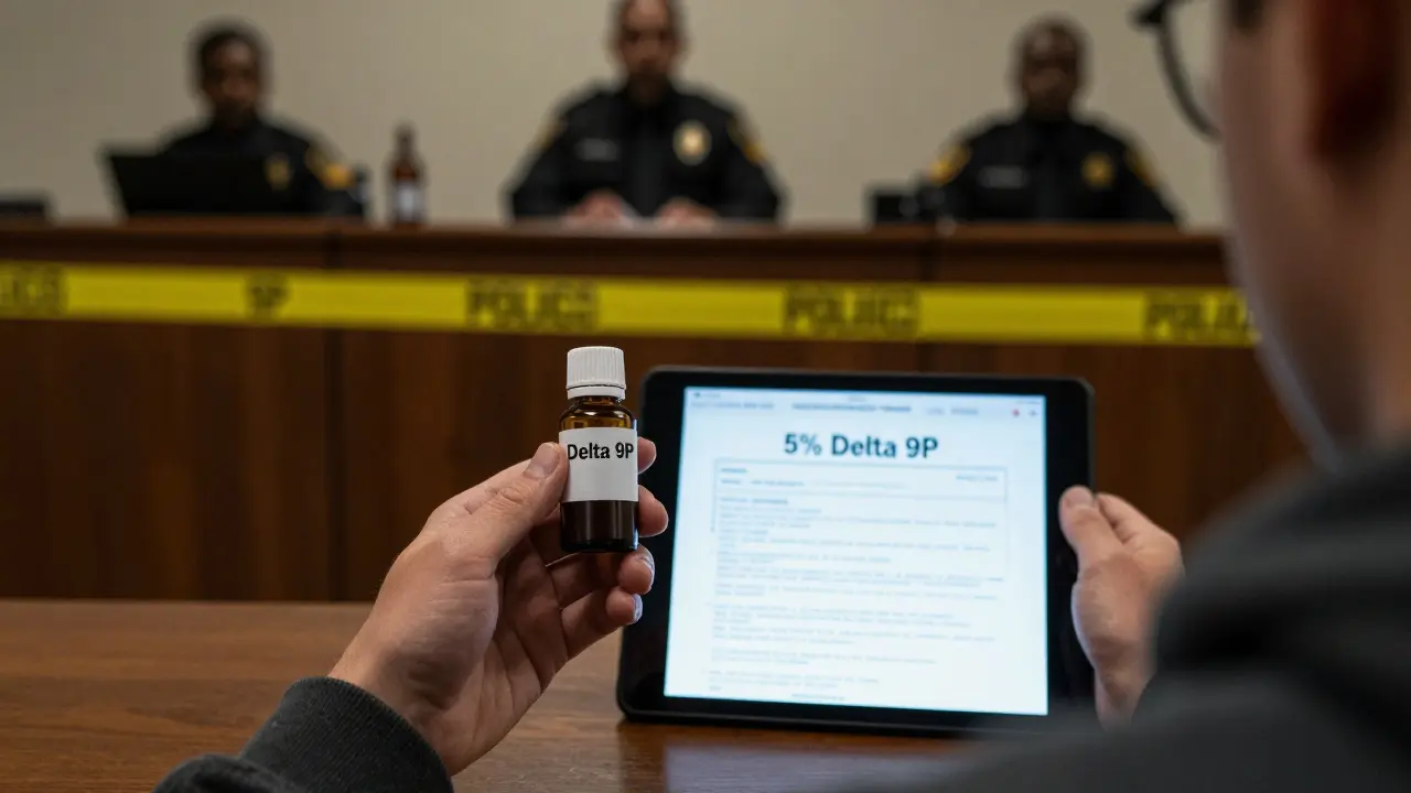 Eine Person hält eine Flasche mit Delta 9P, vor einem Hintergrund aus Polizeiband und Gerichtsgebäude.