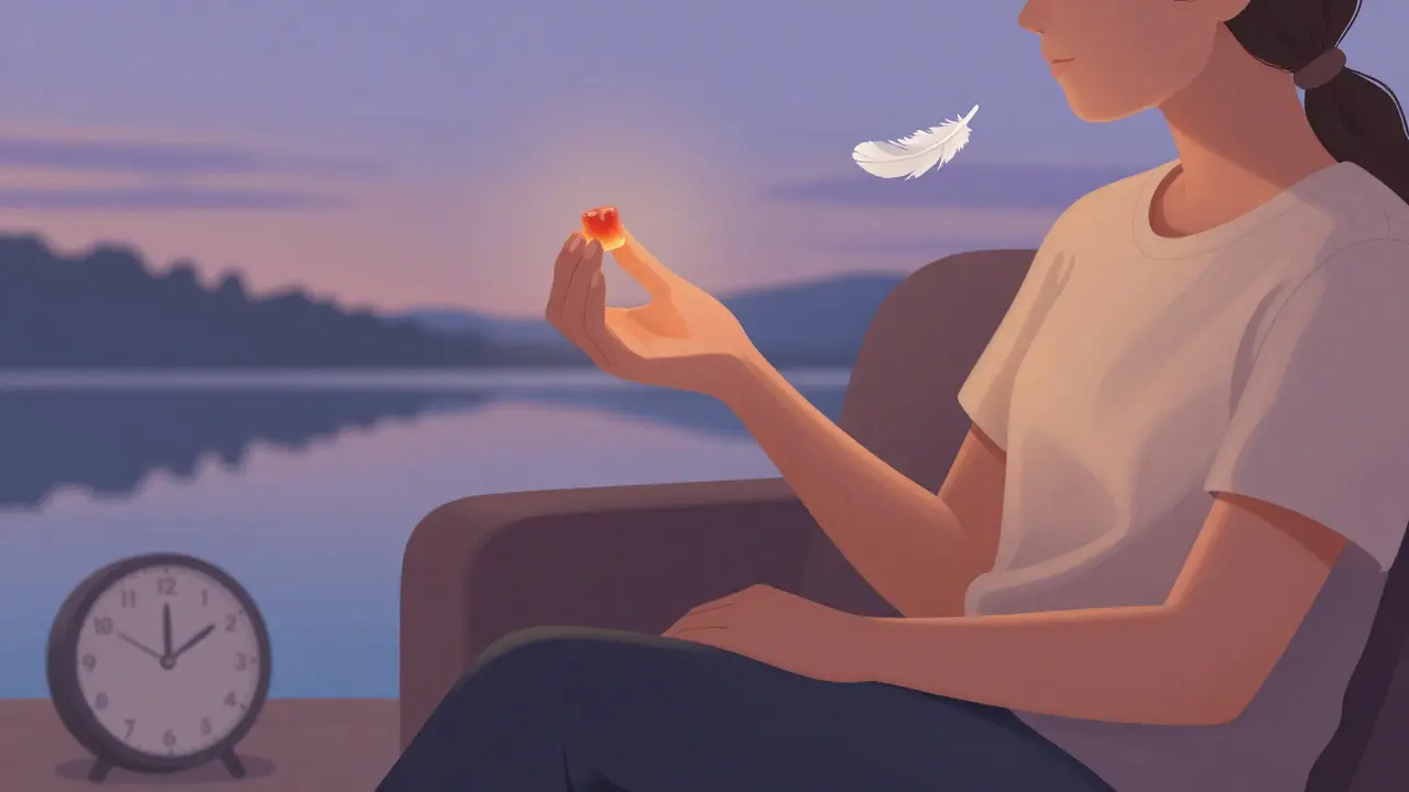 Eine Person hält sanft ein CBD-Gummibärchen, umgeben von ruhigen, balancierenden Symbolen