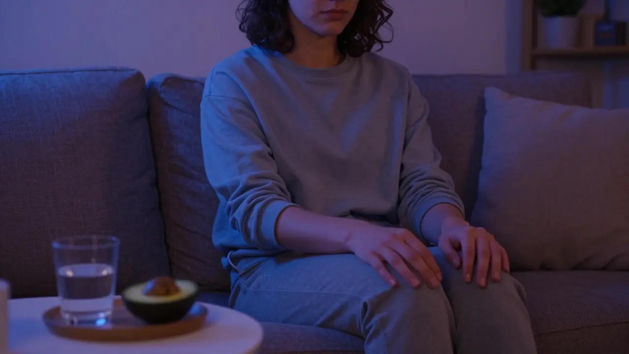 Eine Person in entspannter Pose auf einem Sofa bei Dämmerung, umgeben von sanften blauen und violetten Lichtern