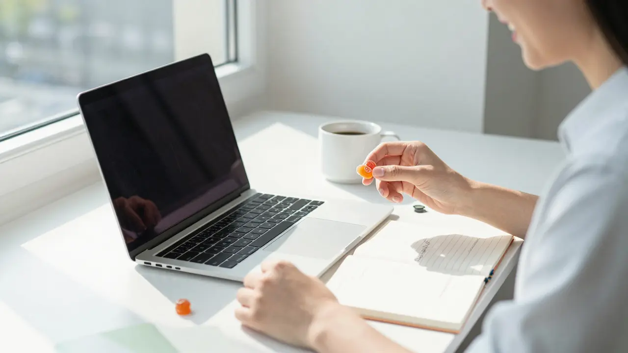 Eine Person nimmt morgens ein Delta-10-Gummibärchen ein, während sie in einem sonnigen Arbeitsraum arbeitet.