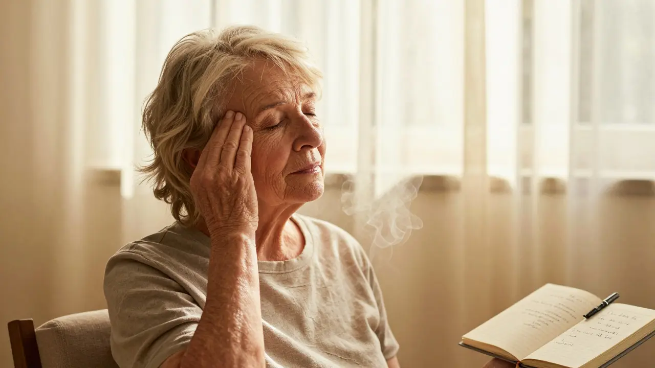 Eine Person verwendet Lavendelöl zur Linderung von Kopfschmerzen in einem sonnigen Raum.