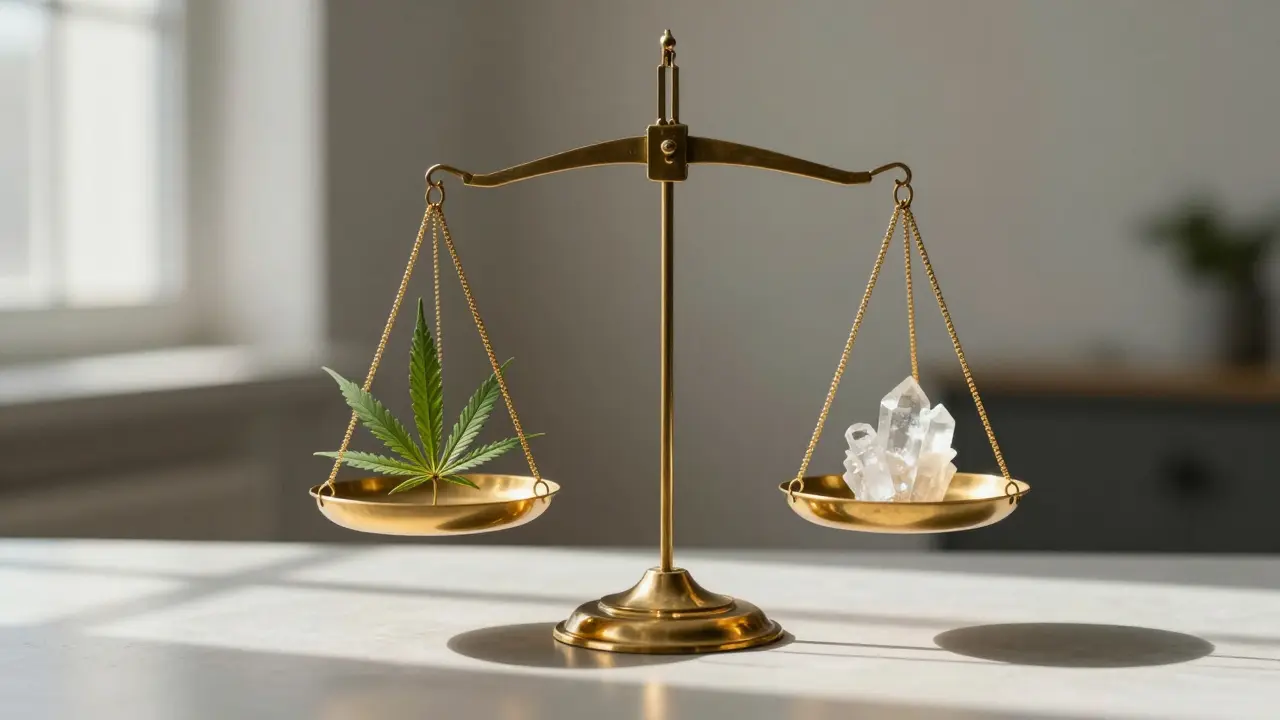 Eine Waage mit Hanfblatt und Kristall steht für Rechtssicherheit und Qualität.