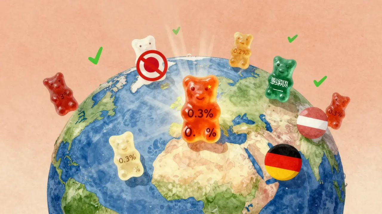 Globus mit CBD-Gummibärchen, die je nach Land legal oder verboten sind, visualisiert als farbige Symbole.