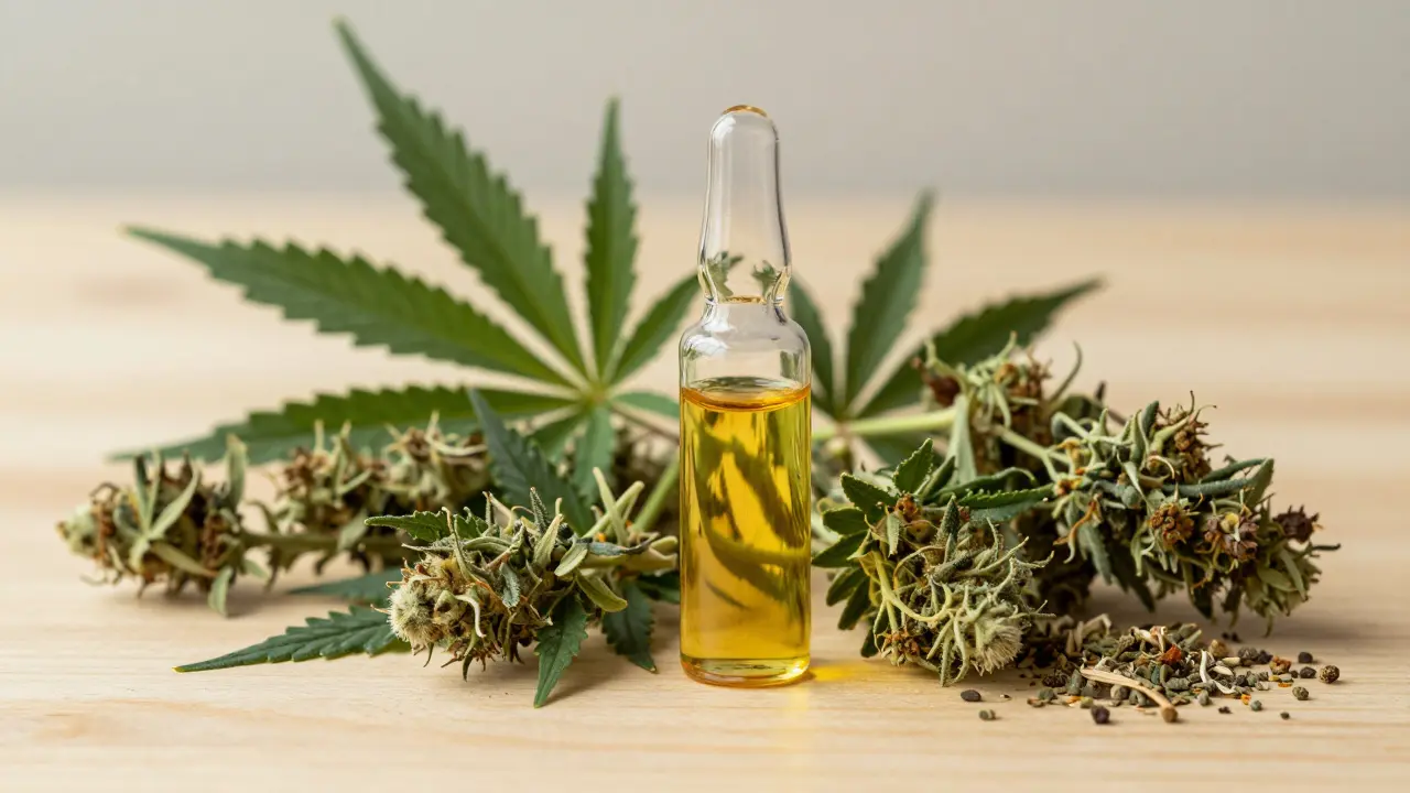 Goldenes CBD-Öl im Glasgefäß neben frischen Hanfblüten und getrockneten Kräutern.