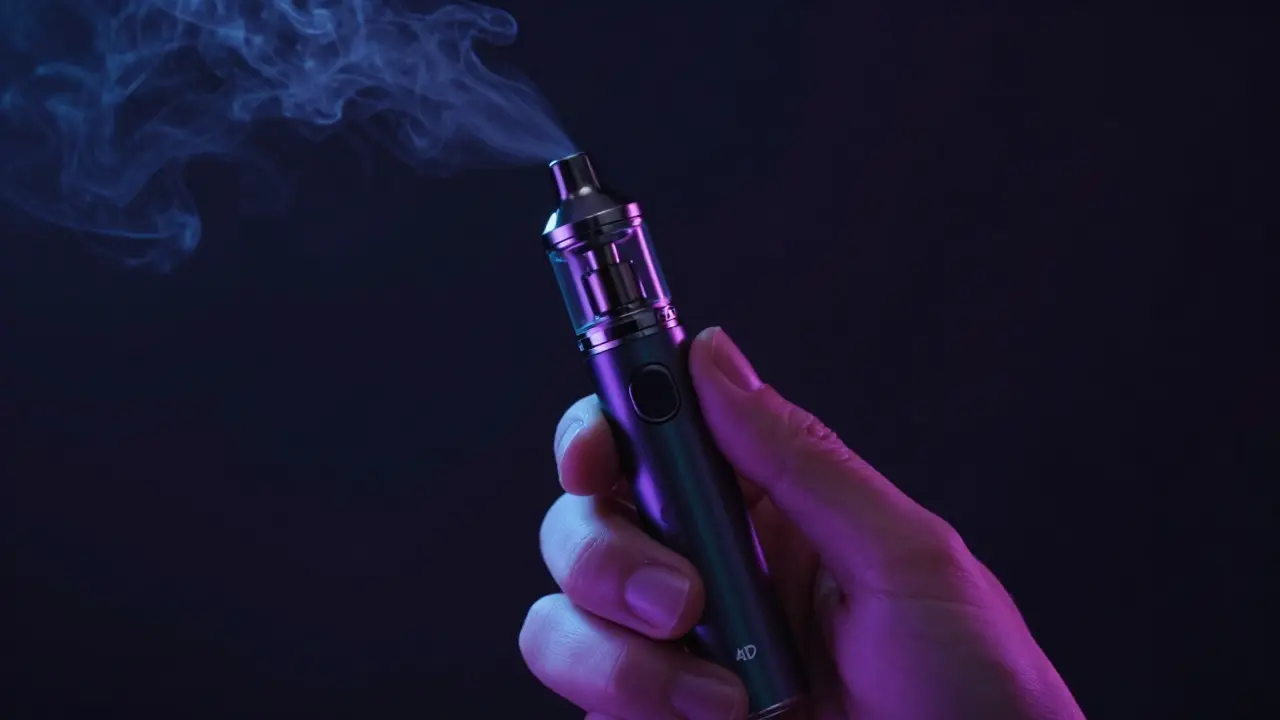 Hand hält einen Vape Pen mit aufsteigendem Dampf im abgedunkelten Raum.