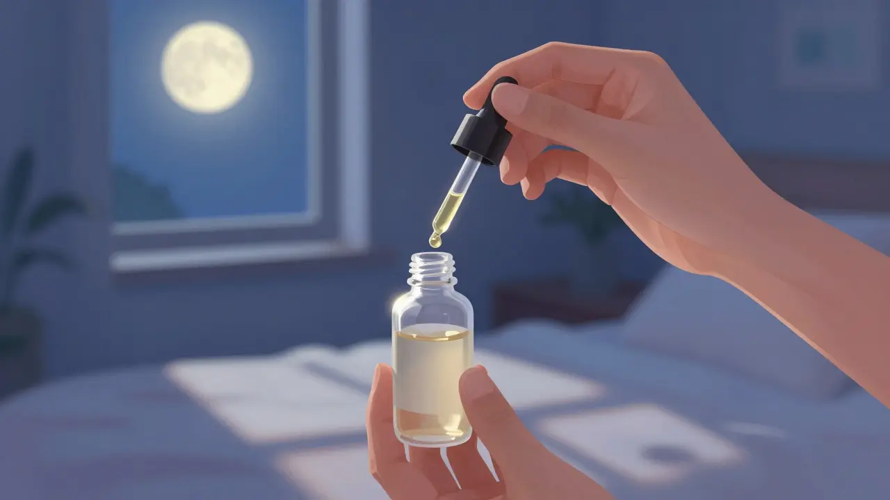 Hände halten eine Pipette mit Öl in sanftem Licht.