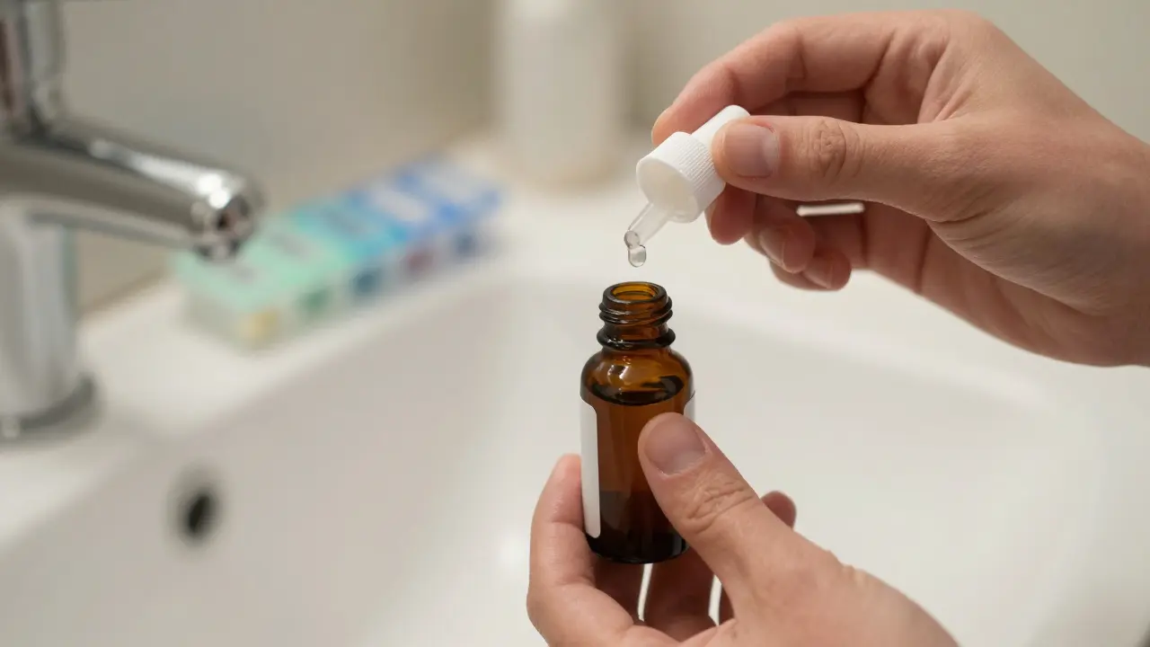 Hände halten eine Tinkturflasche und geben vorsichtig einen Tropfen ab im Badezimmer.